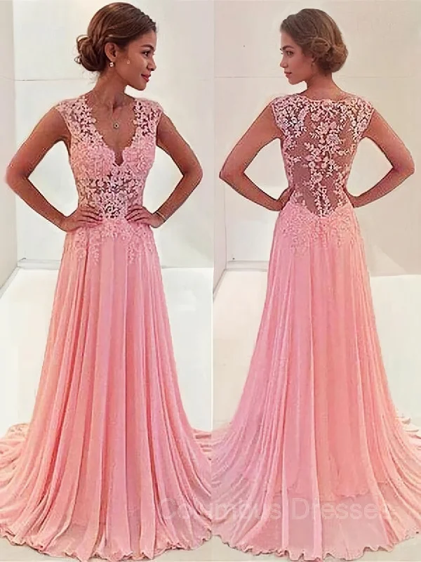 A-Line/Princess V-neck Sweep Train Chiffon Prom Dresses With Appliques Lace Lace Dress Modern