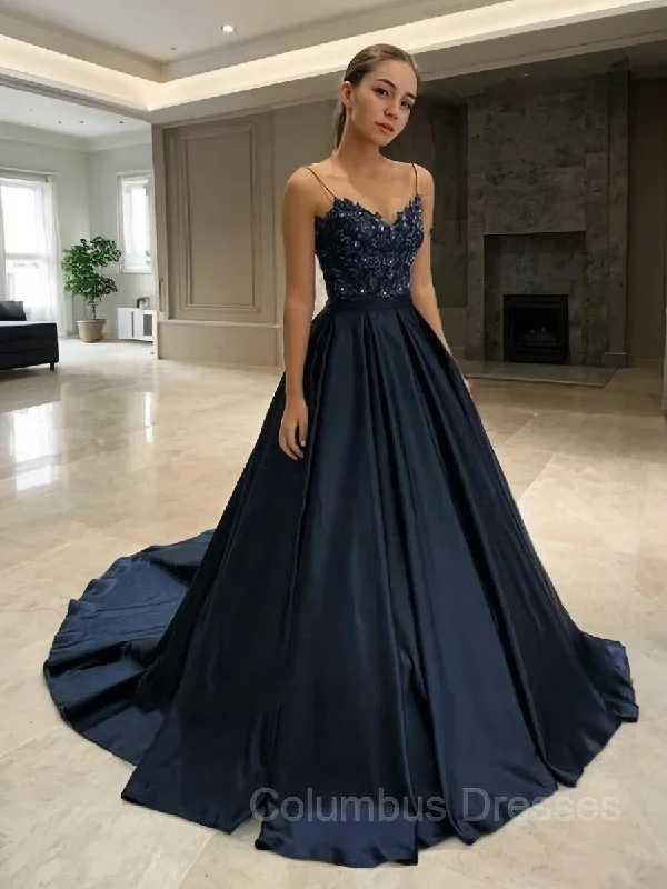 A-Line/Princess V-neck Sweep Train Satin Prom Dresses With Appliques Lace Lace Wedding Gown