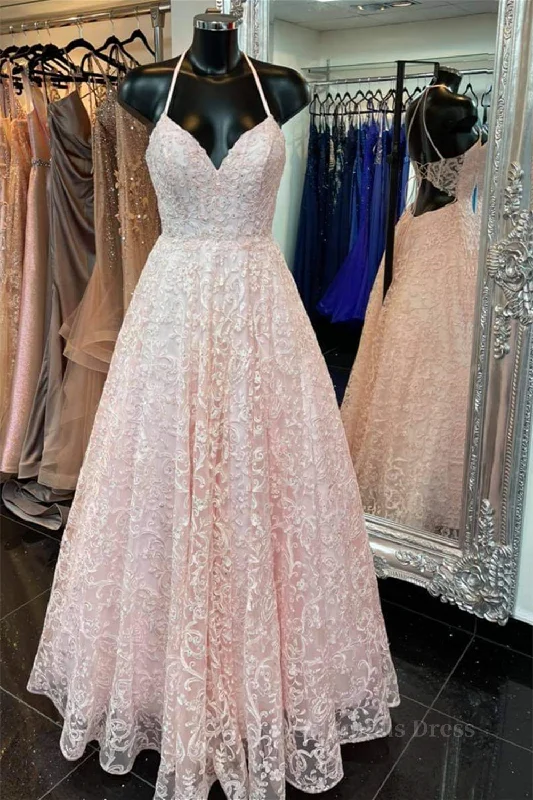 A Line V Neck Open Back Pink Lace Long Corset Prom Dress, Pink Lace Corset Formal Graduation Evening Dress outfit Full Lace Dress