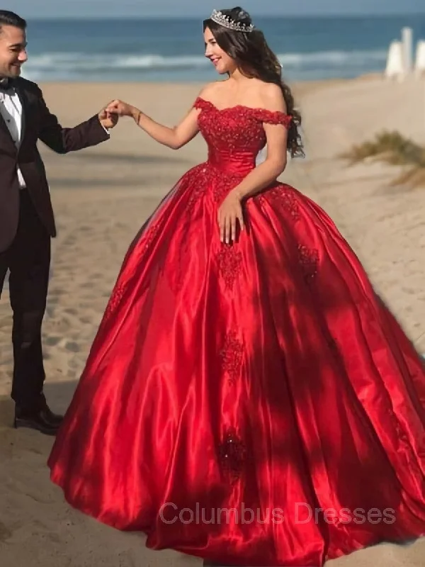 Ball Gown Off-the-Shoulder Sweep Train Satin Prom Dresses With Appliques Lace Lace Dress Classic