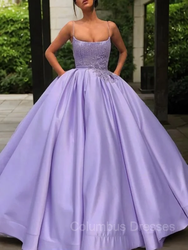 Ball Gown Spaghetti Straps Floor-Length Satin Evening Dresses With Appliques Lace Chic Lace Dress