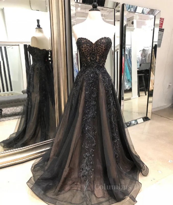 Black sweetheart neck tulle lace long Corset Prom dress, black evening dress outfit Tulle Dress Trend