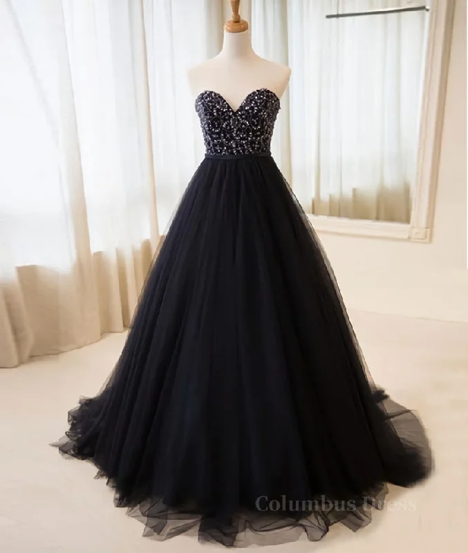 Black tulle sweetheart neck long Corset Prom dress, black evening dress outfit Tulle Dress Trendy