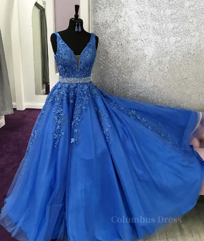 Blue lace tulle long Corset Prom dress, blue tulle lace evening dress outfit Tulle Dress Blush