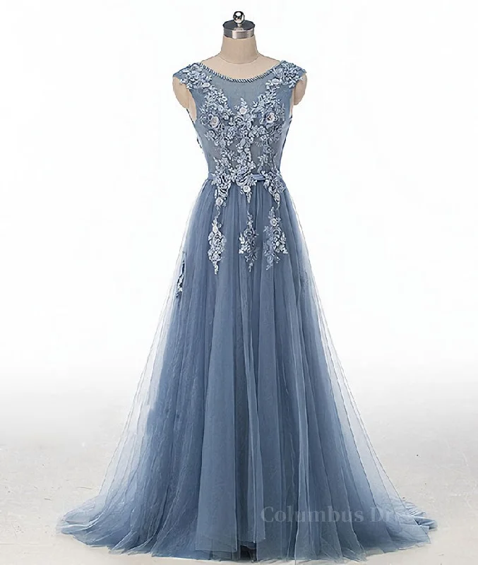 Blue round neck tulle lace applique long Corset Prom dress, blue evening dress outfit Long Sleeve Tulle