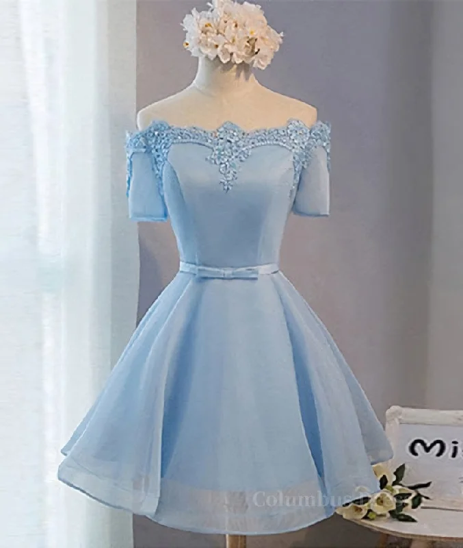 Blue Short Sleeves Lace-up Organza Bow Corset Prom Dresses, Corset Homecoming Dresses outfit Lace Party Gown