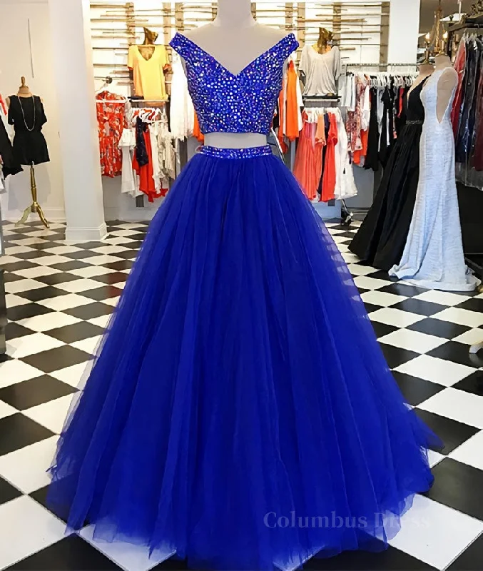 Blue v neck tulle beads two pieces long Corset Prom dress, blue evening dress outfit Tulle Dress Sparkling