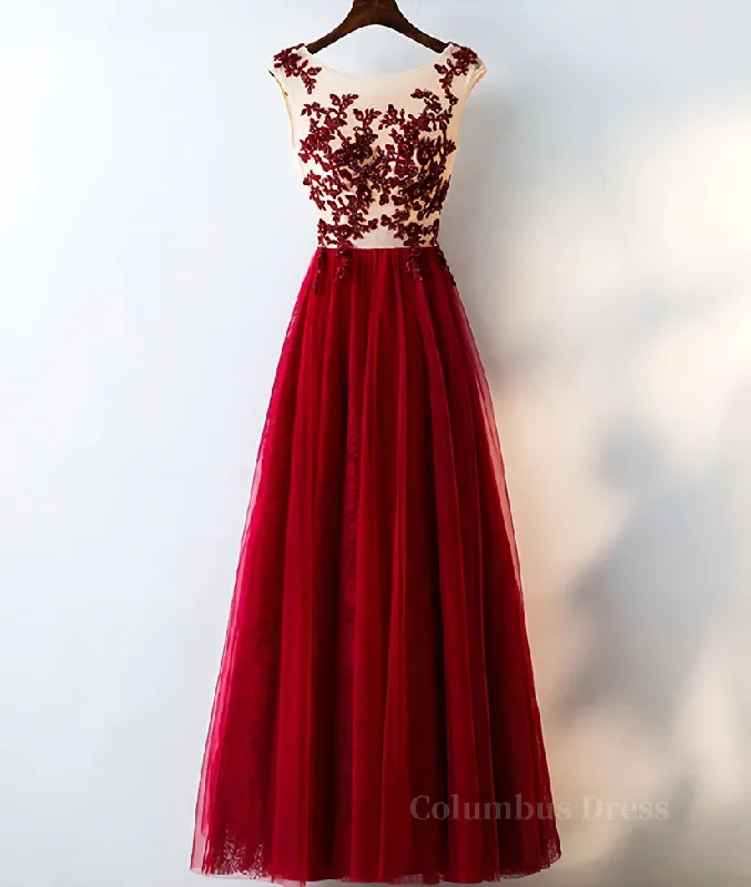 Burgundy round neck tulle lace long Corset Prom dress, Corset Bridesmaid dress outfit Tulle Dress Shine