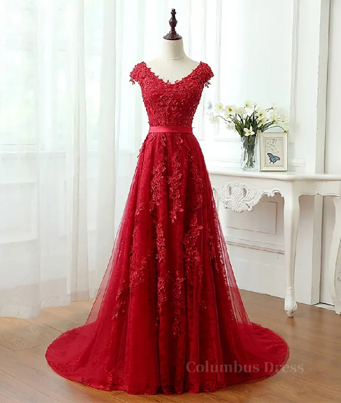 Burgundy tulle lace applique long Corset Prom dress, burgundy evening dress outfit Tulle Bridesmaid Dress