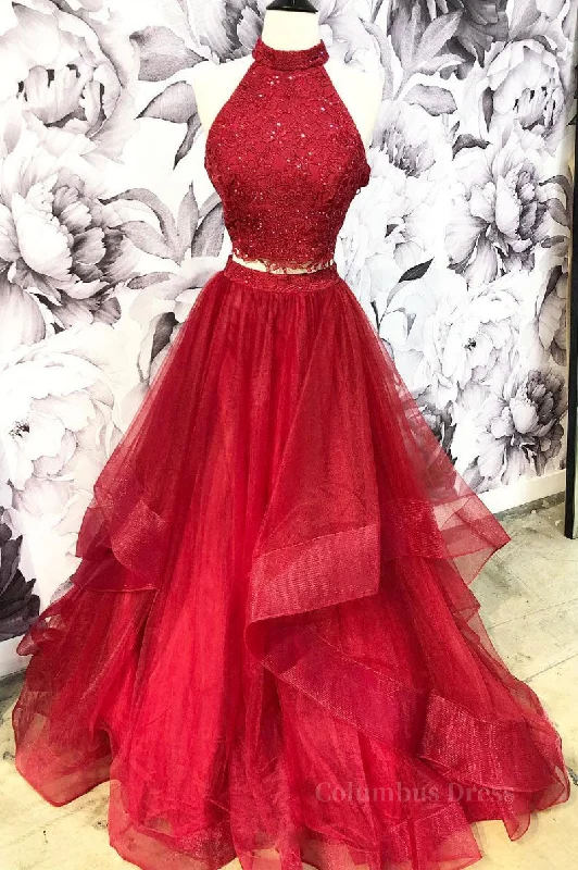 Burgundy two pieces tulle lace long Corset Prom dress, lace evening dress outfit Pleated Tulle Dress