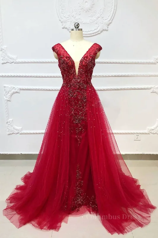 Burgundy v neck tulle beads long Corset Prom dress, burgundy evening dress outfit Tulle Midi Dress