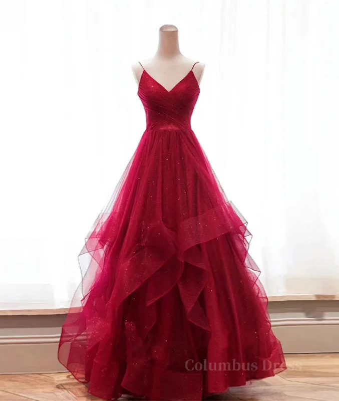 Burgundy v neck tulle long Corset Prom dress, burgundy evening dress outfit Tulle Dress Silhouette