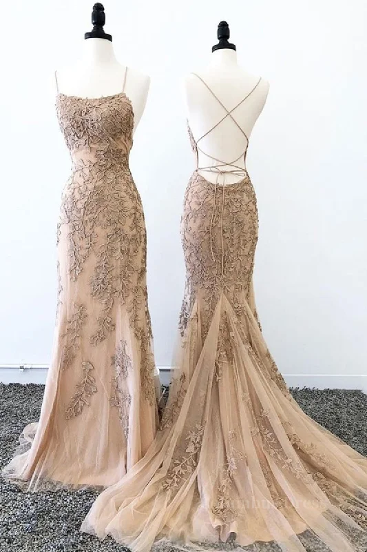 Champagne Mermaid Backless Lace Appliques Long Corset Prom Dresses, Champagne Lace Corset Formal Dresses, Champagne Graduation Evening Dresses outfit Casual Lace Dress