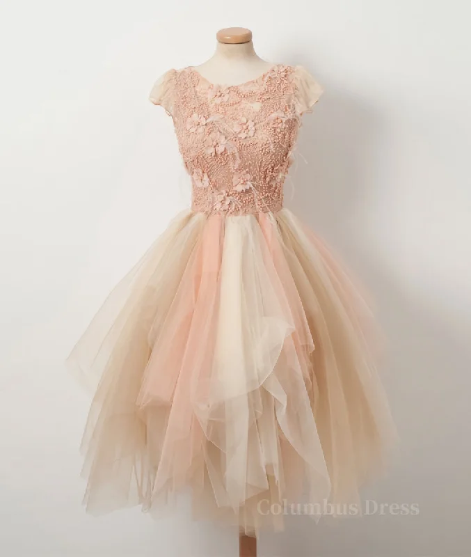 Champagne round neck tulle beads short Corset Prom dress, Corset Homecoming dress outfit Tulle Dress Blush