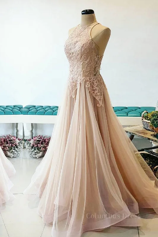 Champagne tulle lace long Corset Prom dress, champagne tulle evening dress outfit Romantic Tulle Gown