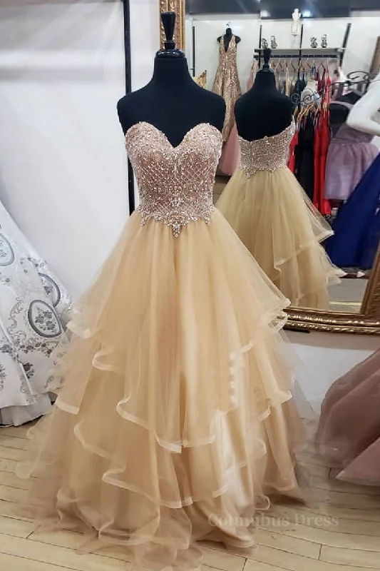 Champagne tulle sweetheart long Corset Prom dress, champagne evening dress outfit Tulle Dress Fluffy