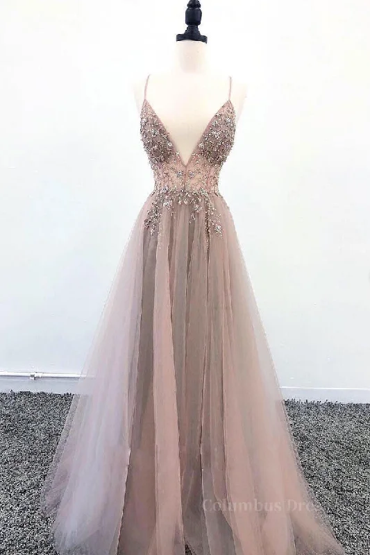 Champagne v neck tulle long Corset Prom dress, champagne evening dress outfit White Tulle Dress