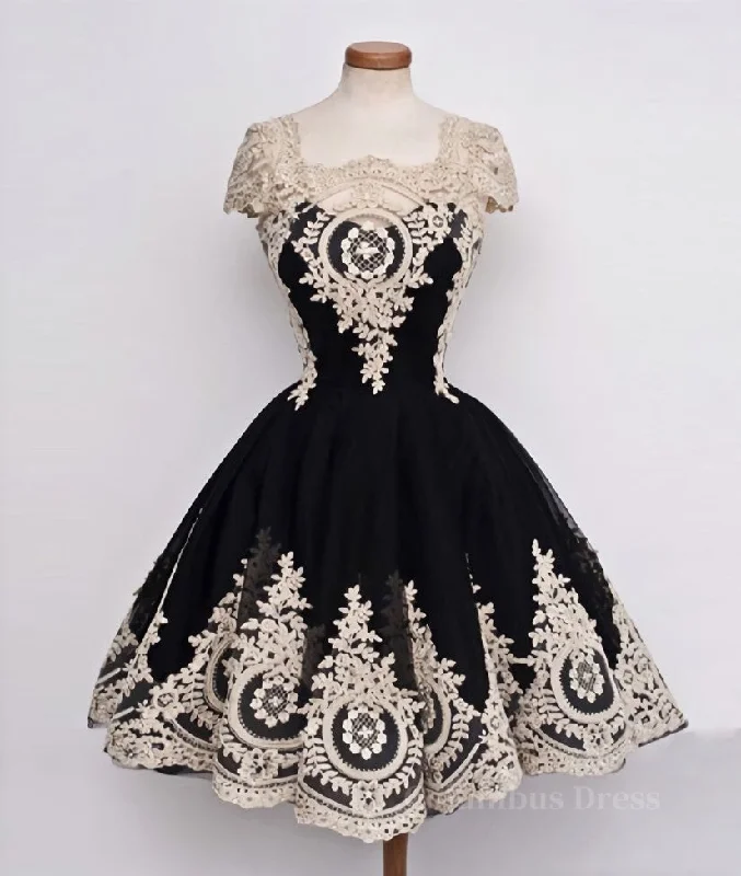 Cute Lace Applique Black Short Corset Prom Dresses, Lace Applique Corset Homecoming Dresses outfit Tiered Lace Dress