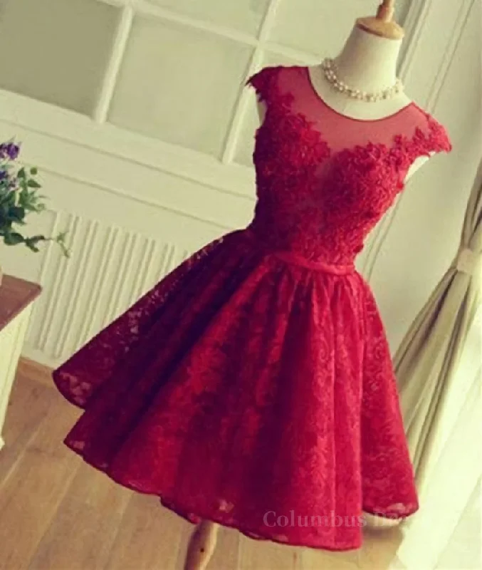 Cute Round Neck Red Lace Short Corset Prom Dresses, Red Corset Homecoming Dresses outfit Lace Dress Twirl