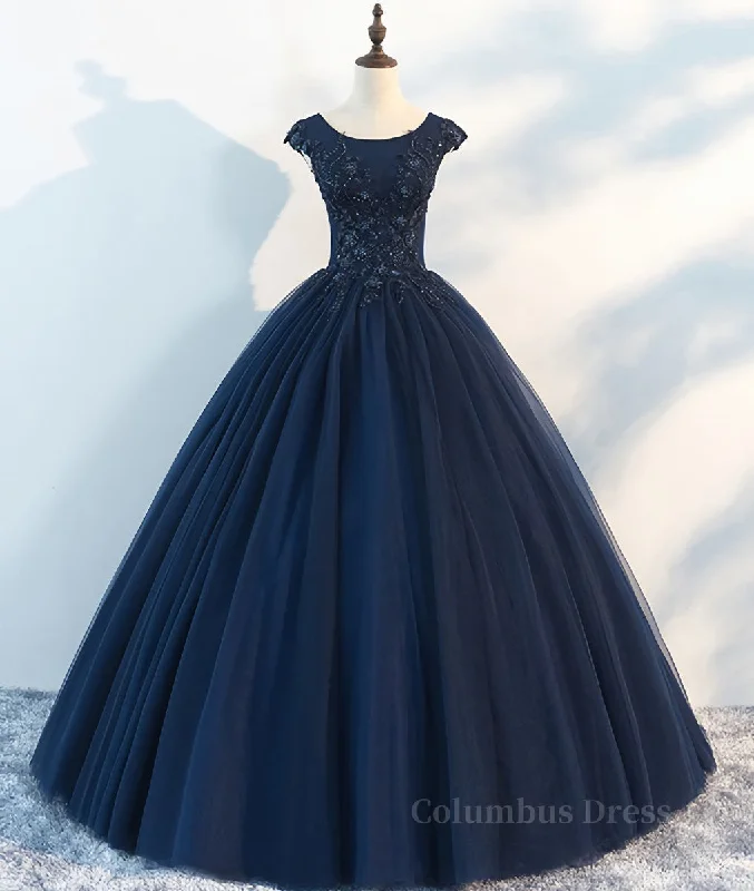 Dark blue round neck tulle lace long Corset Prom dress, blue tulle lace evening dress outfit Black Tulle Dress