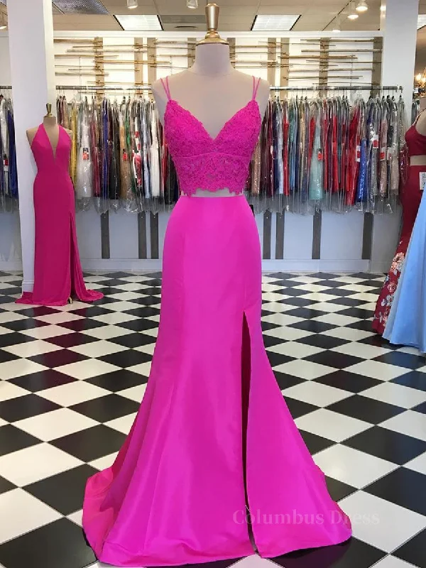 Fuchsia V Neck Two Pieces Mermaid Lace Top Satin Long Corset Prom Dress with Slit, Mermaid Lace Fuchsia Corset Formal Graduation Evening Dresses outfit Lace Dress Day