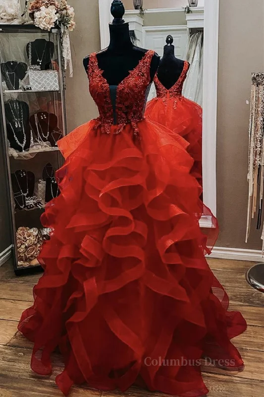 Gorgeous V Neck Open Back Red Lace Long Corset Prom Dress, Red Lace Corset Formal Evening Dress, Red Corset Ball Gown outfits Lace Bodycon Dress