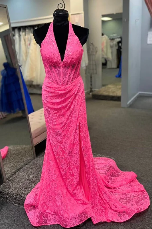 Halter Hot Pink Lace Ruched Mermaid Prom Dress Lace Fit-and-Flare