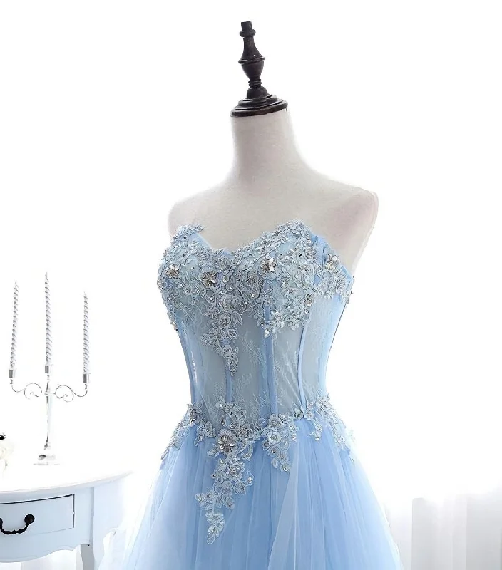 Light Blue Tulle Lace Long Prom Dress, Formal Dress Tulle Dress Silhouette