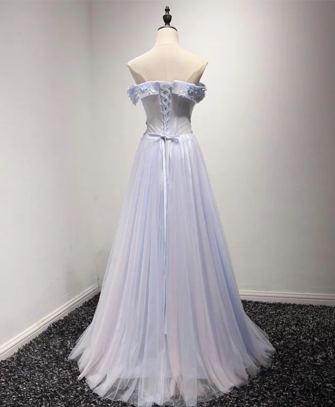 Light Blue Tulle Lace Long Prom Dress, Lace Evening Dress A-line Tulle Dress