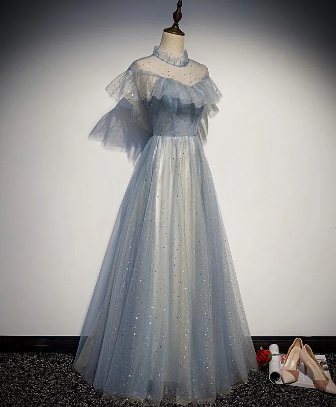 Light Blue Tulle Lace Long Prom Dress, Tulle Evening Dress Tulle Bridesmaid Dress