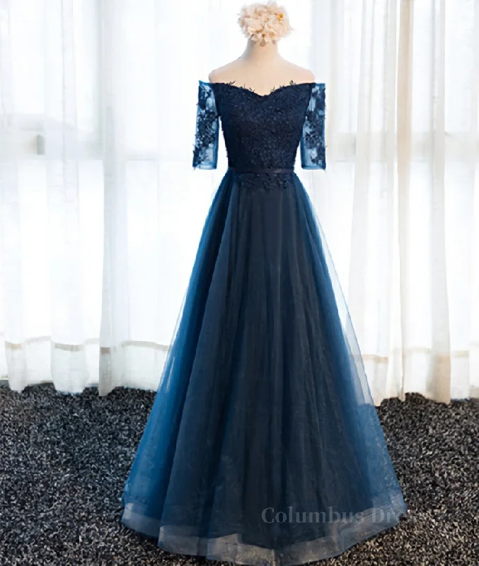 Navy Blue Half Sleeves Lace Long Corset Prom Dresses, Navy Blue Lace Corset Formal Dresses outfit Lace Detail Dress