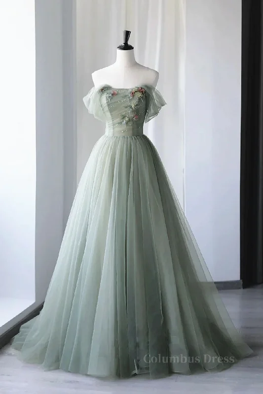 Off the Shoulder Green Tulle Long Corset Prom Dresses, Green Tulle Off Shoulder Corset Formal Evening Dresses outfit Bohemian Tulle Dress