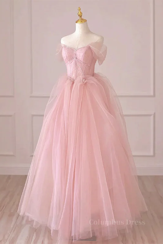 Off the Shoulder Pink Tulle Corset Prom Dresses, Pink Tulle Long Corset Formal Graduation Dresses outfit Tulle Dress Puff