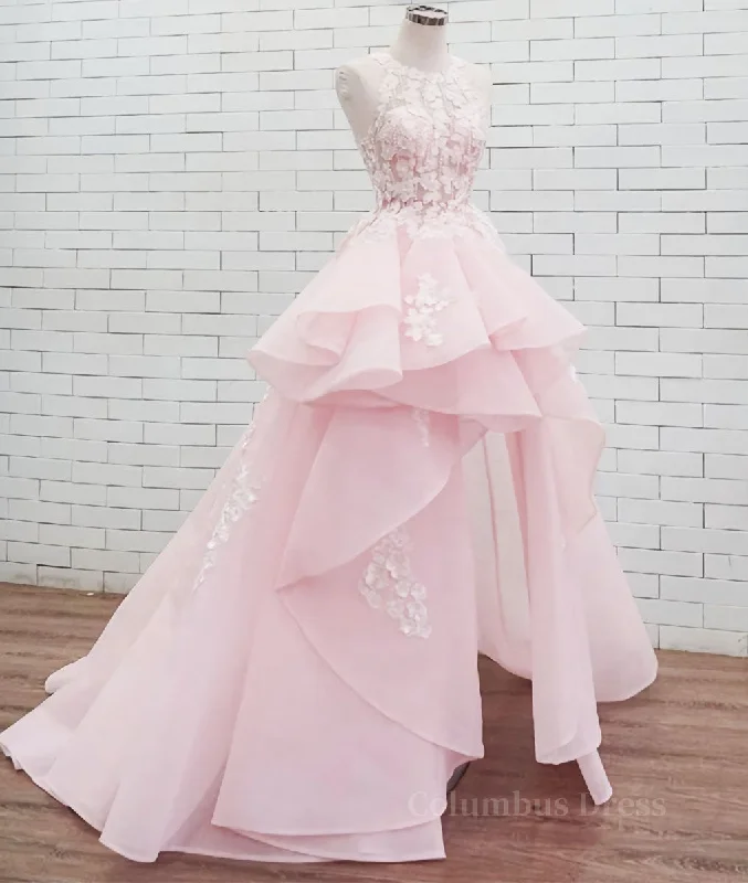 PinK lace tulle long Corset Prom dress, pink tulle evening dress outfit Party Tulle Dress