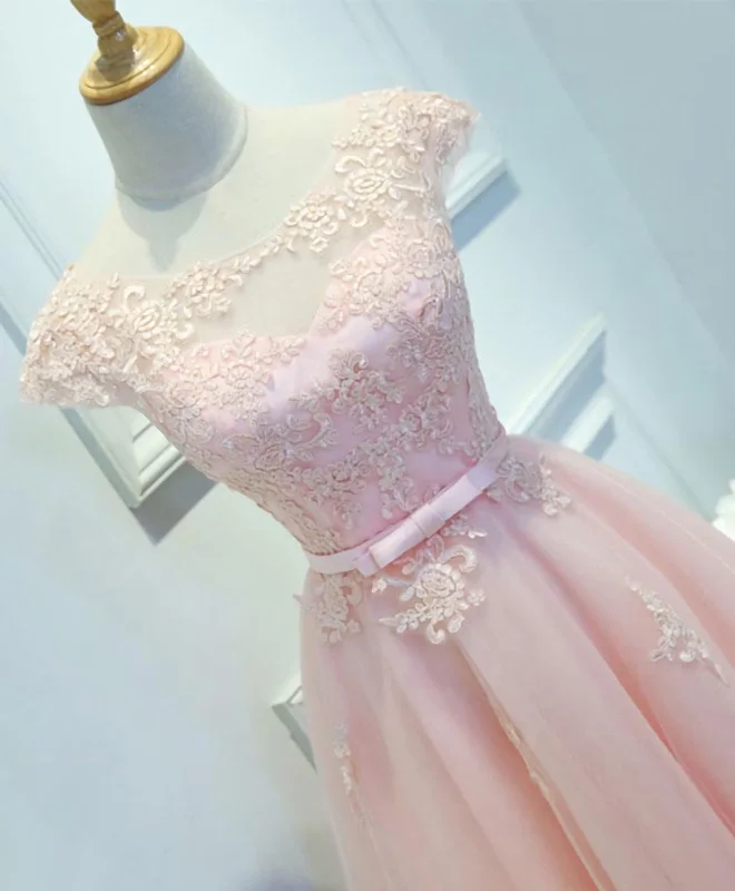 Pink Lace Tulle Short Prom Dress, Pink Evening Dress Tulle Dress Glow