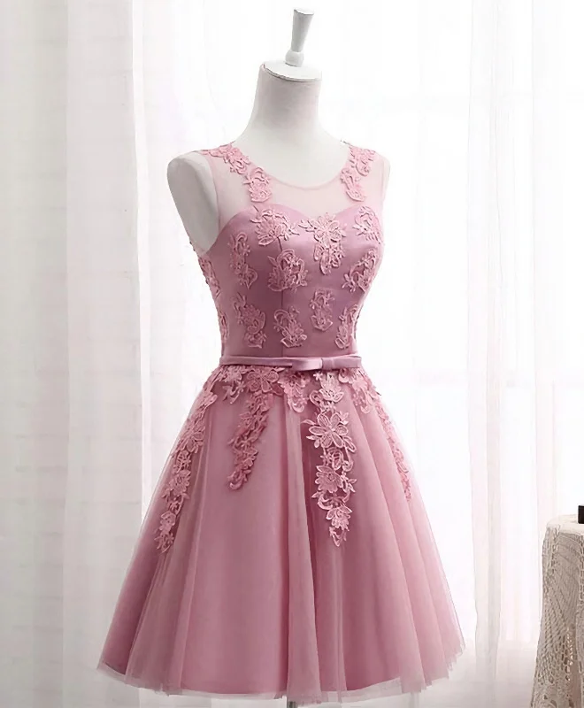 Pink Round Neck Lace Tulle Prom Dress, Lace Evening Dresses Tulle Dress Vibe