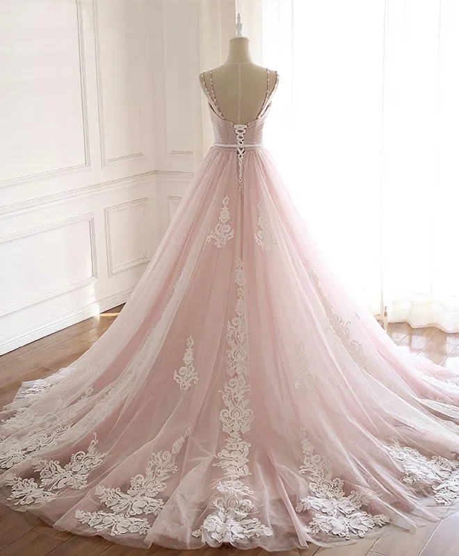 Pink Sweetheart Lace Tulle Long Prom Dress, Lace Pink Evening Dress Sexy Tulle Dress