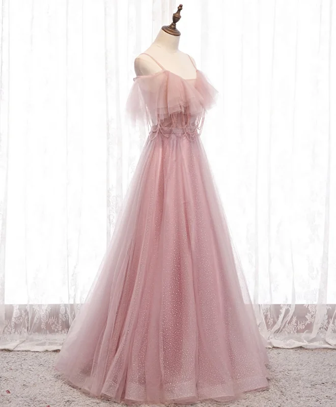 Pink Sweetheart Tulle Long Prom Dress, Pink Tulle Formal Dress, 1 Vintage Tulle Dress