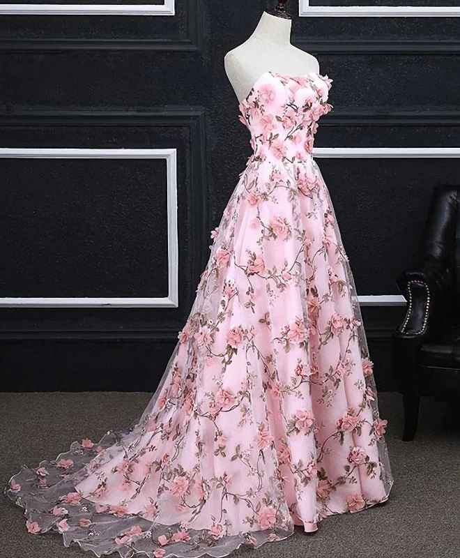 Pink Tulle 3D Flowers Long Prom Dress, Pink Evening Dress Black Tulle Dress