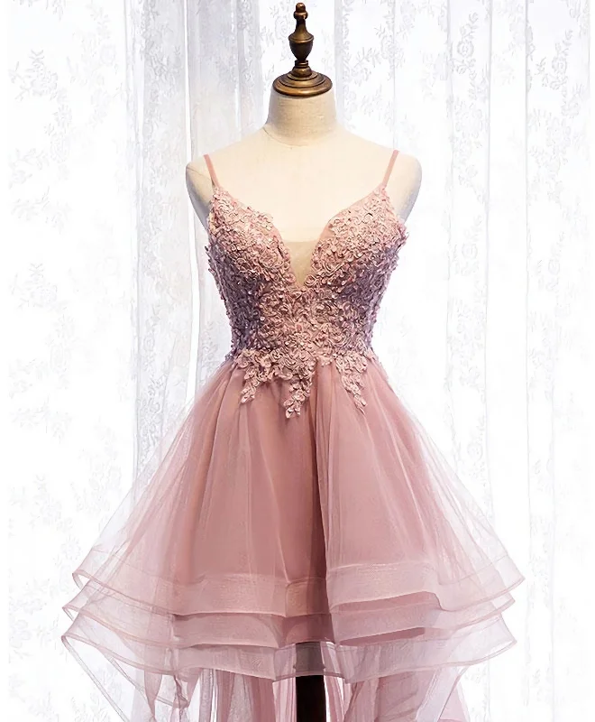 Pink Tulle Lace High Low Prom Dress, Pink Homecoming Dress, 1 Tulle A-line Dress