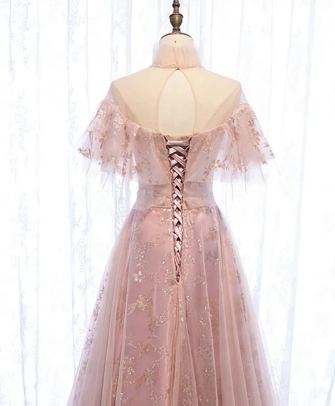 Pink Tulle Lace Long Prom Dress, Pink Tulle Formal Dress, 2 Romantic Tulle Dress