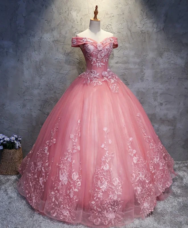 Pink Tulle Lace Off Shoulder Long Prom Dress, Pink Tulle Evening Dress, 1 Party Tulle Dress