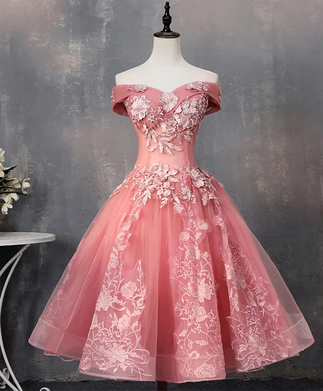 Pink Tulle Lace Off Shoulder Short Prom Dress, Pink Homecoming Dress Fluffy Tulle Dress