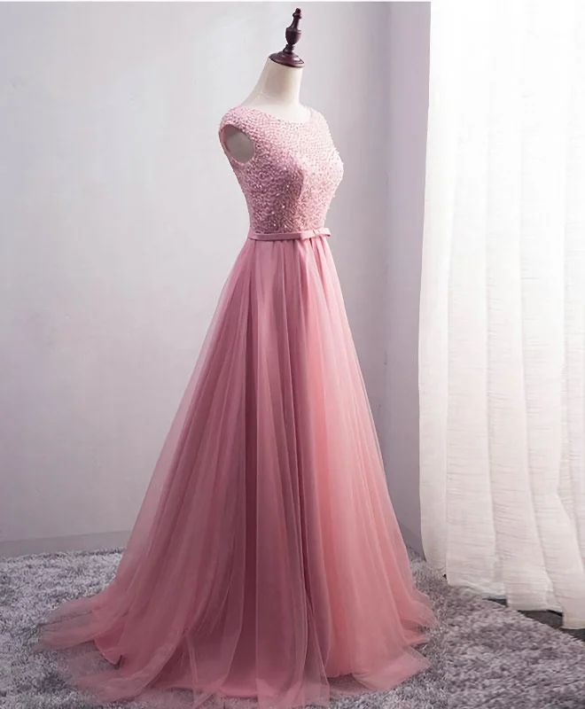 Pink Tulle Long A Line Prom Dress, Pink Evening Dress Tulle Dress Soft