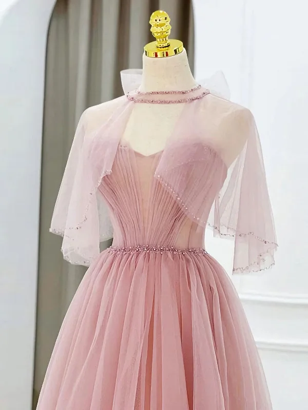 Pink Tulle Tea Length Prom Dress, Pink Tulle Formal Dress Glitter Tulle Dress