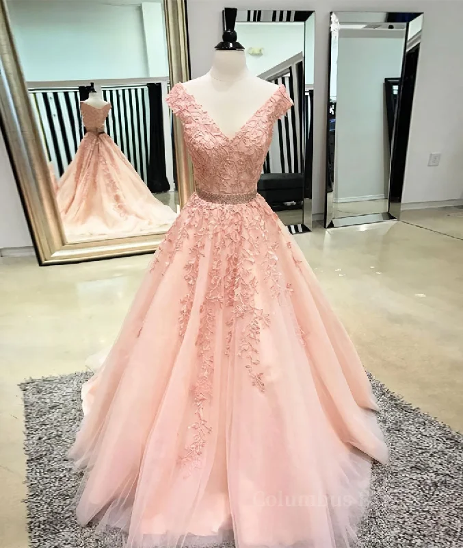 Pink v neck tulle lace applique long Corset Prom dress, pink tulle evening dress outfit Tulle Lace Dress