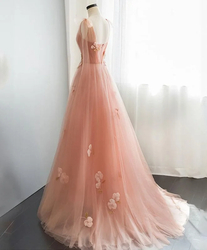 Pink V Neck Tulle Long Prom Dress, Tulle Evening Dress Bohemian Tulle Dress