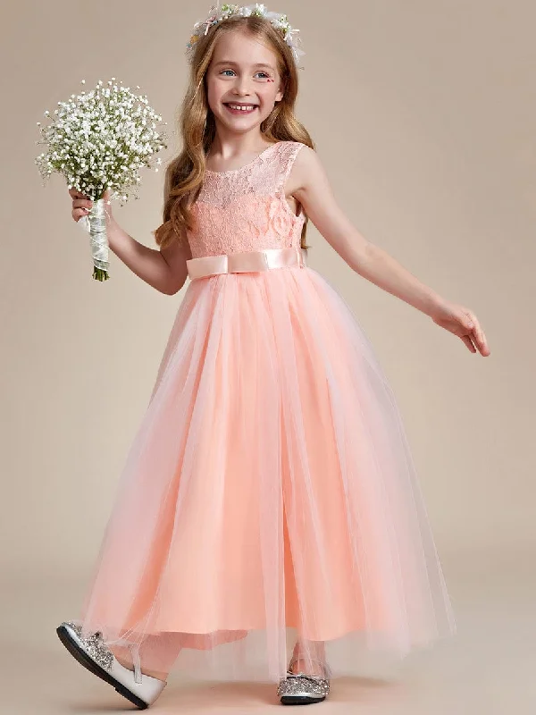 Princess Bow Sleeveless Lace Tulle Flower Girl Dress Tulle Dress Sparkling