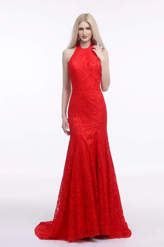 Red Lace Mermaid Halter Backless Long Corset Prom Dresses outfit Lace Gown Style