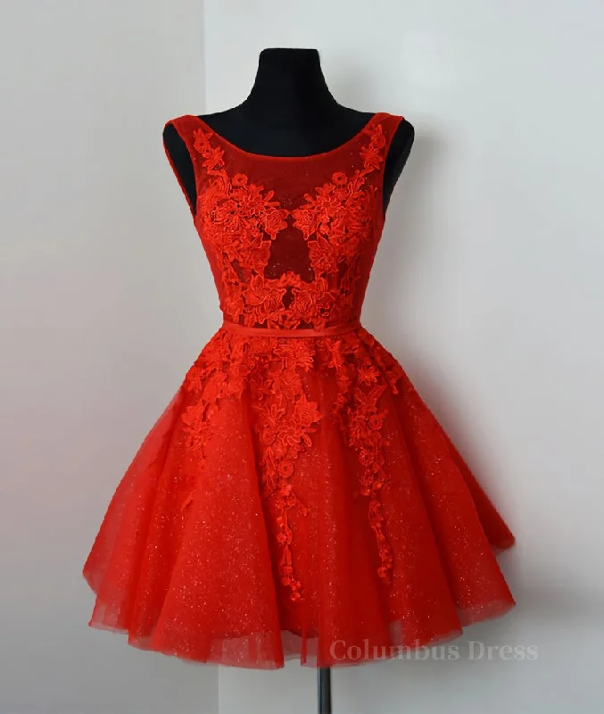 Red v neck lace tulle short Corset Prom dress, red Corset Homecoming dress outfit Tulle Party Dress